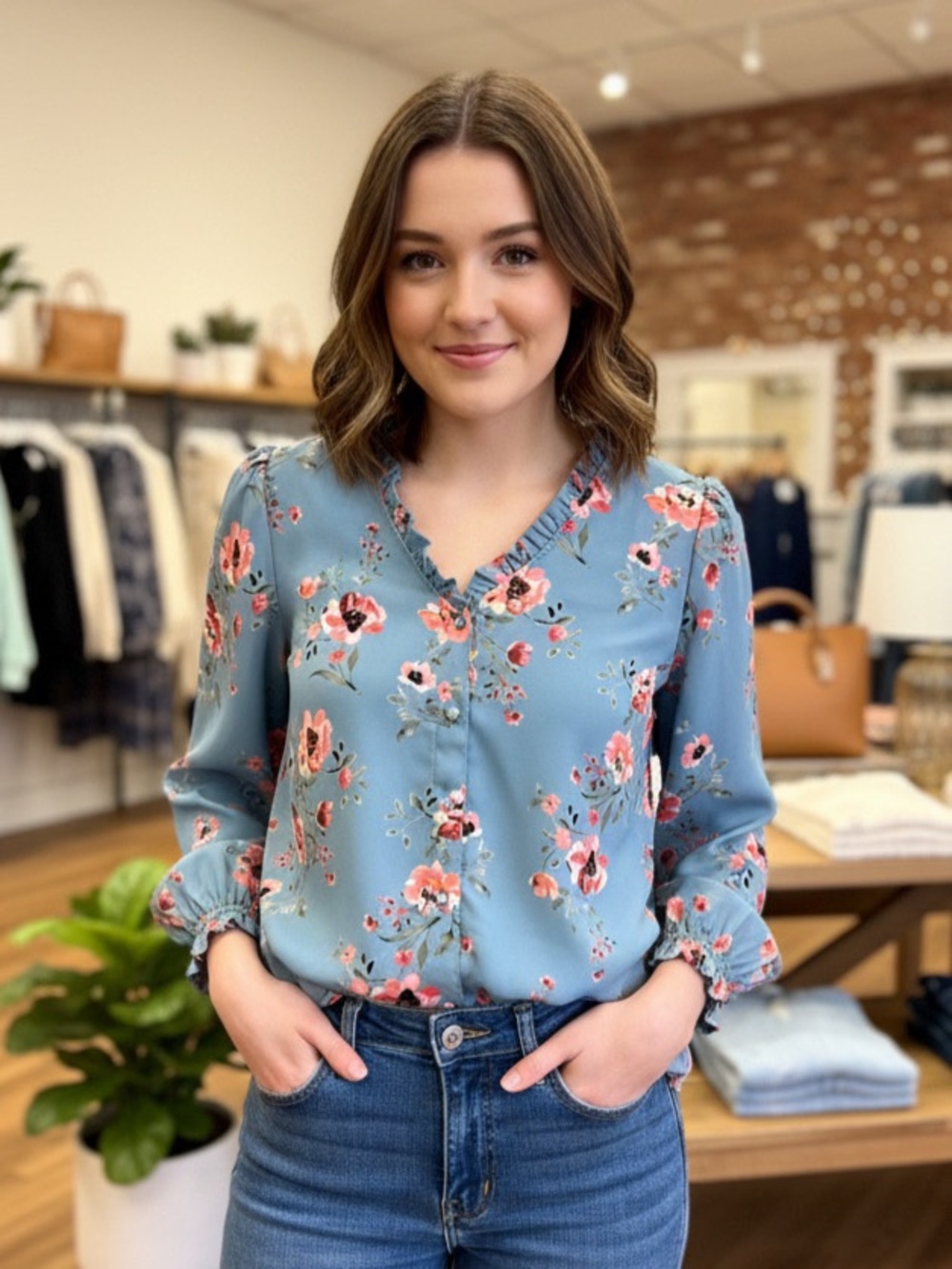 Emaline Floral Ruffle V-Neck Blouse Dusty Blue EUC Size M